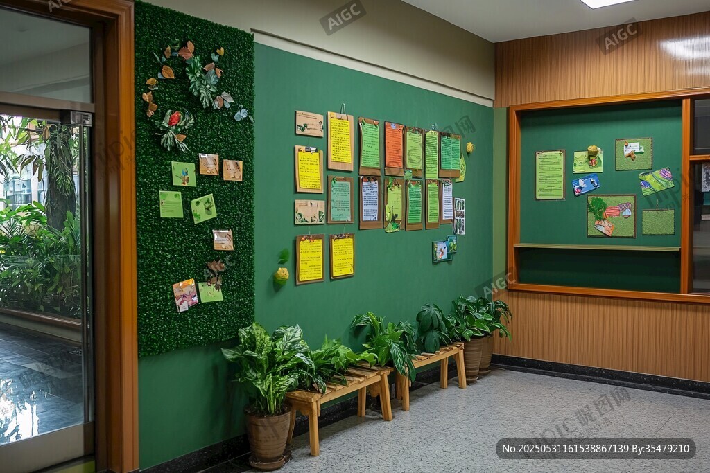 教室一角的绿植与展示墙
