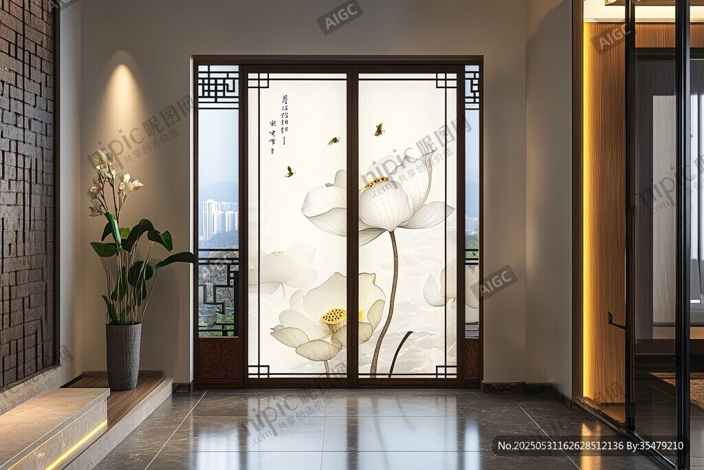中式玄关 雅致荷花屏风
