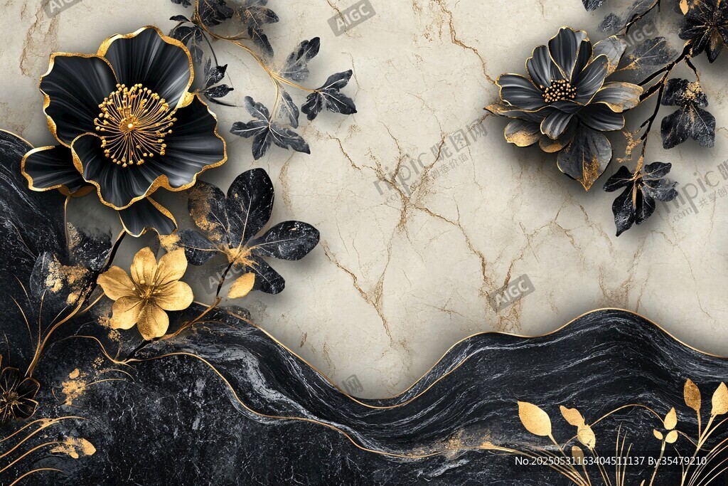 黑金花卉大理石纹装饰画