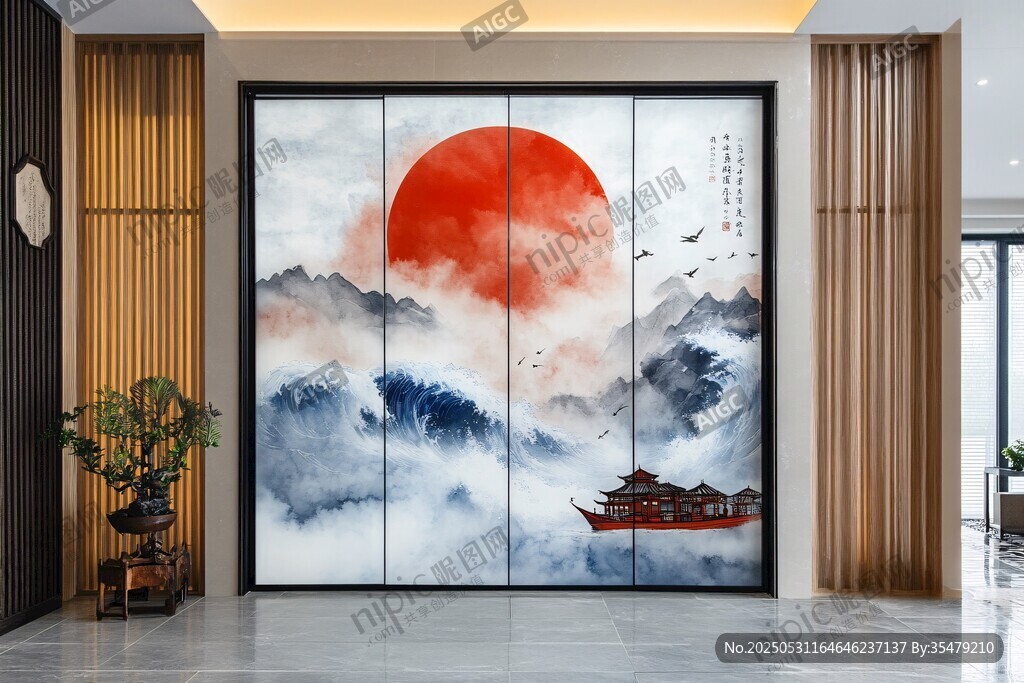 中式山水红日屏风装饰画