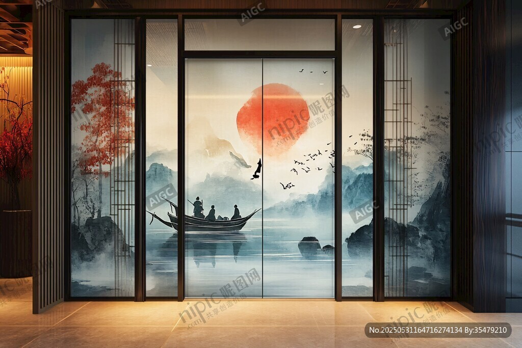 中式山水意境玻璃门装饰