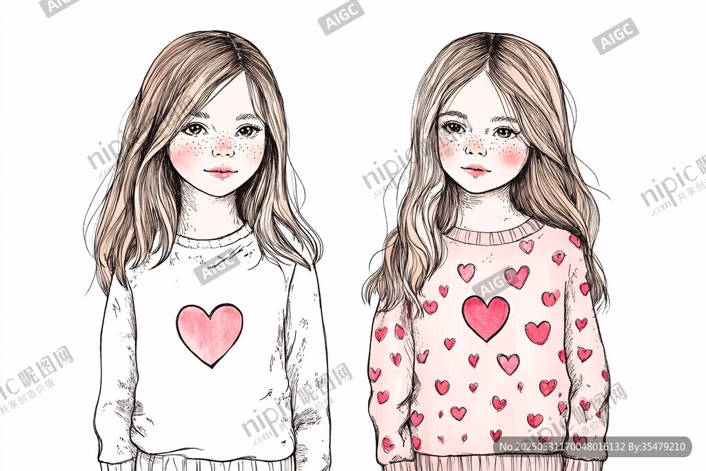 可爱双生女孩爱心服饰插画