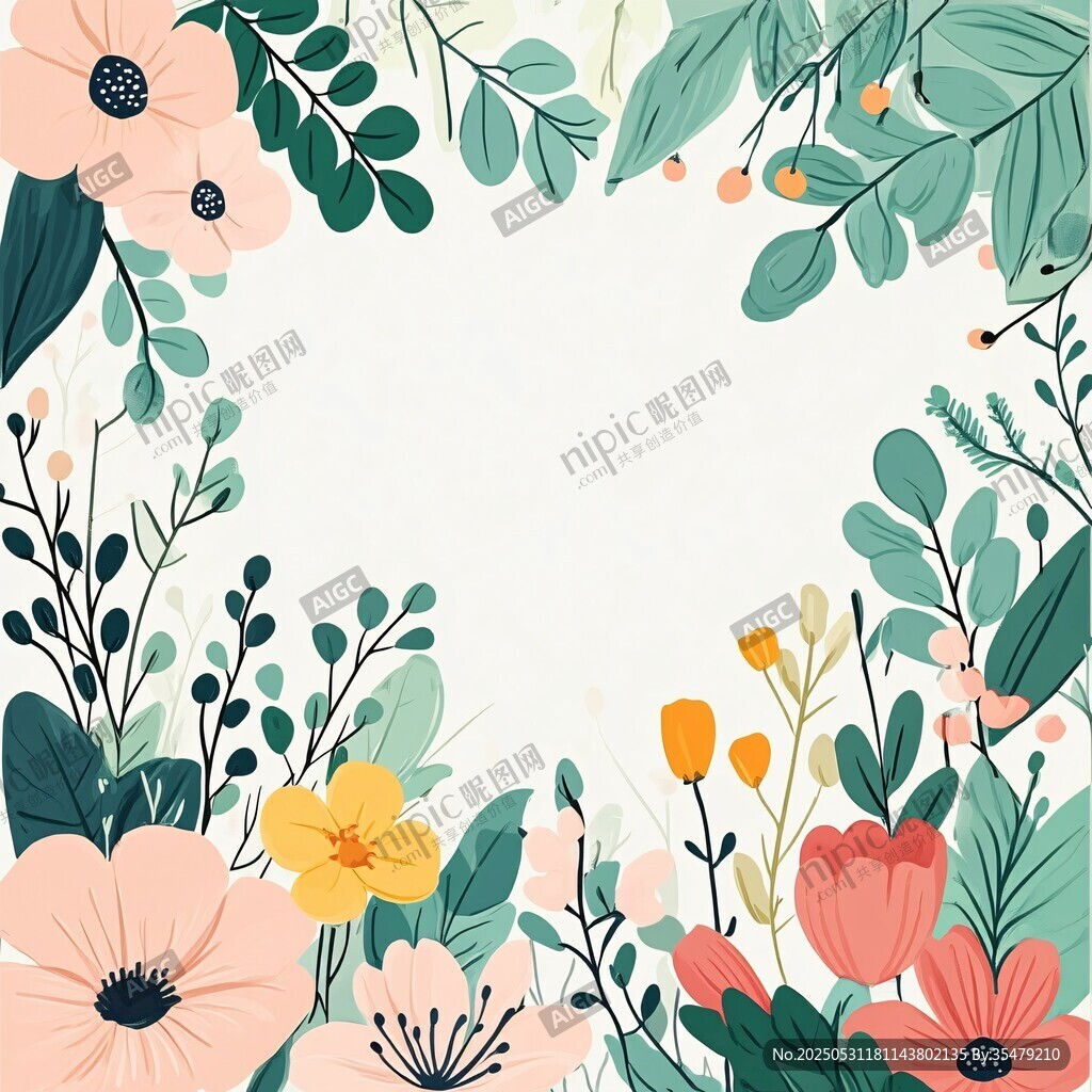 花卉绿叶环绕的清新边框