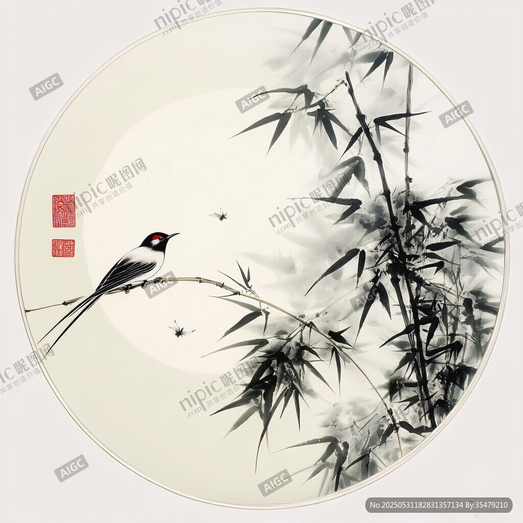 竹枝栖鸟水墨圆形画作