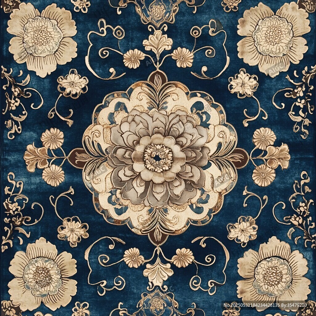 复古蓝底花卉精美图案