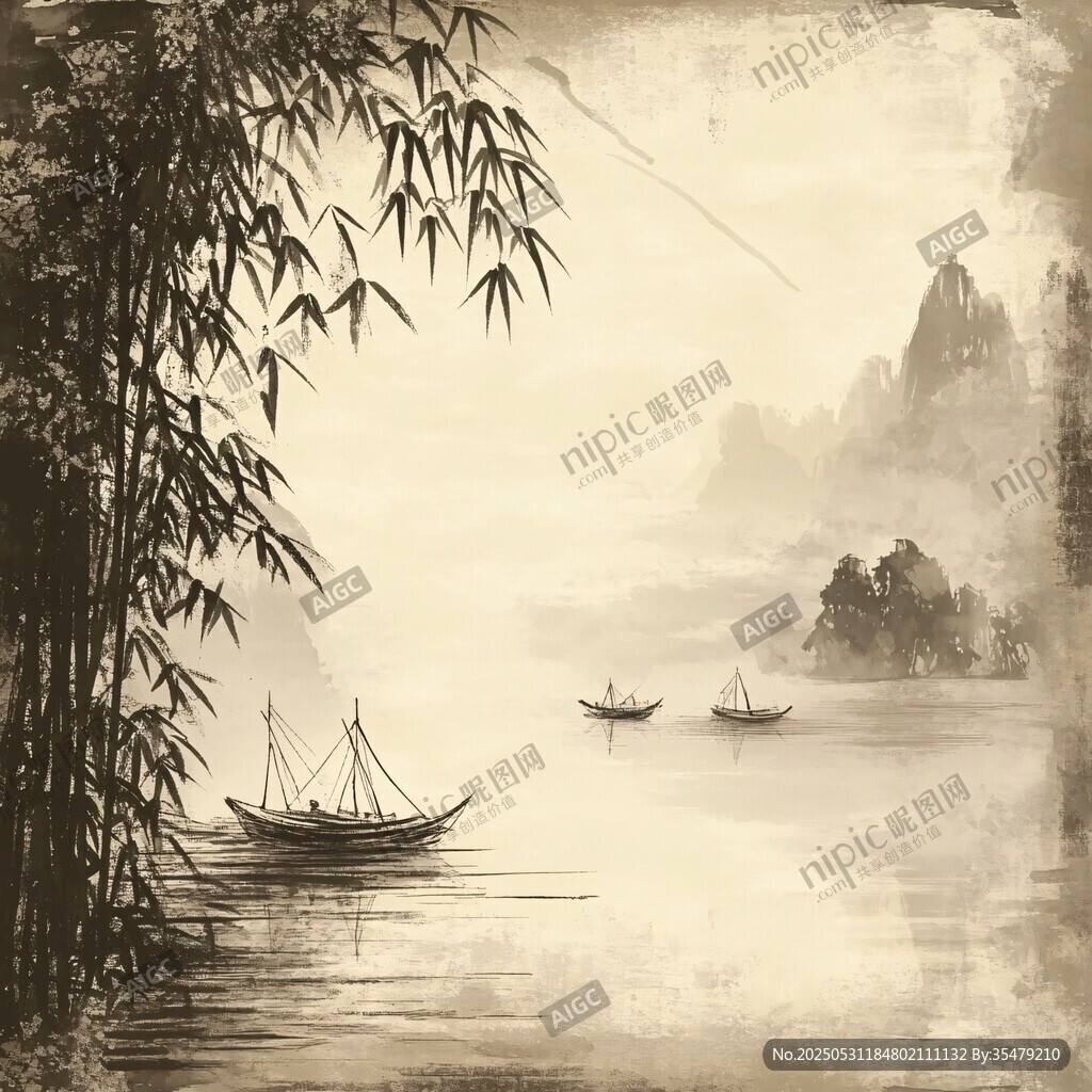 水墨江景中竹影与扁舟