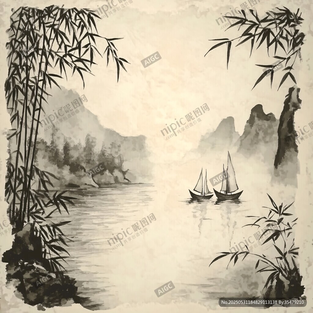 水墨山水间的竹影与行舟