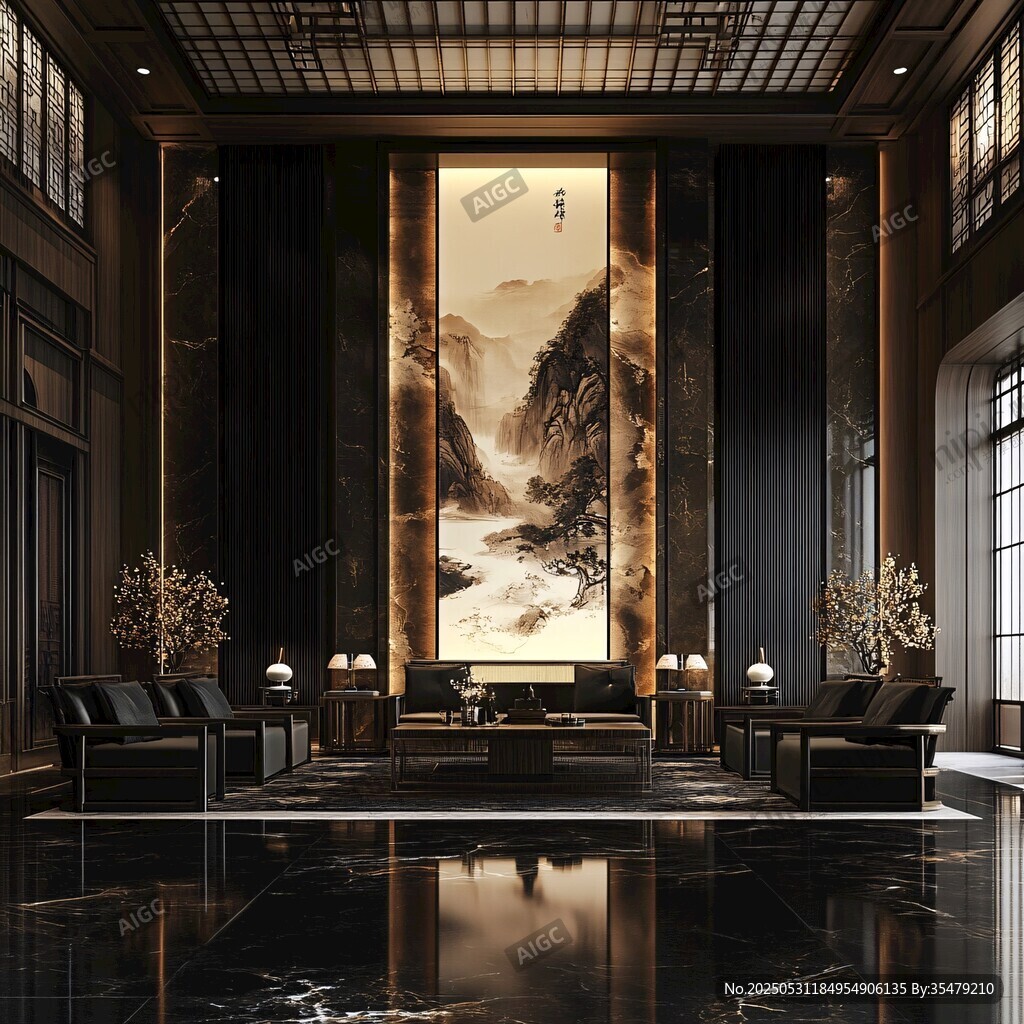 中式奢华客厅山水壁画装饰