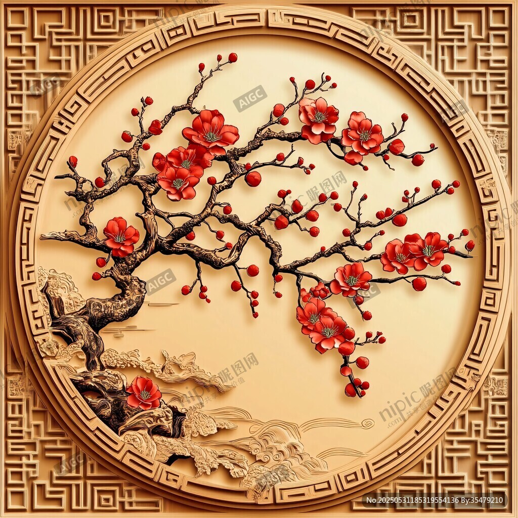 圆形浮雕红梅图