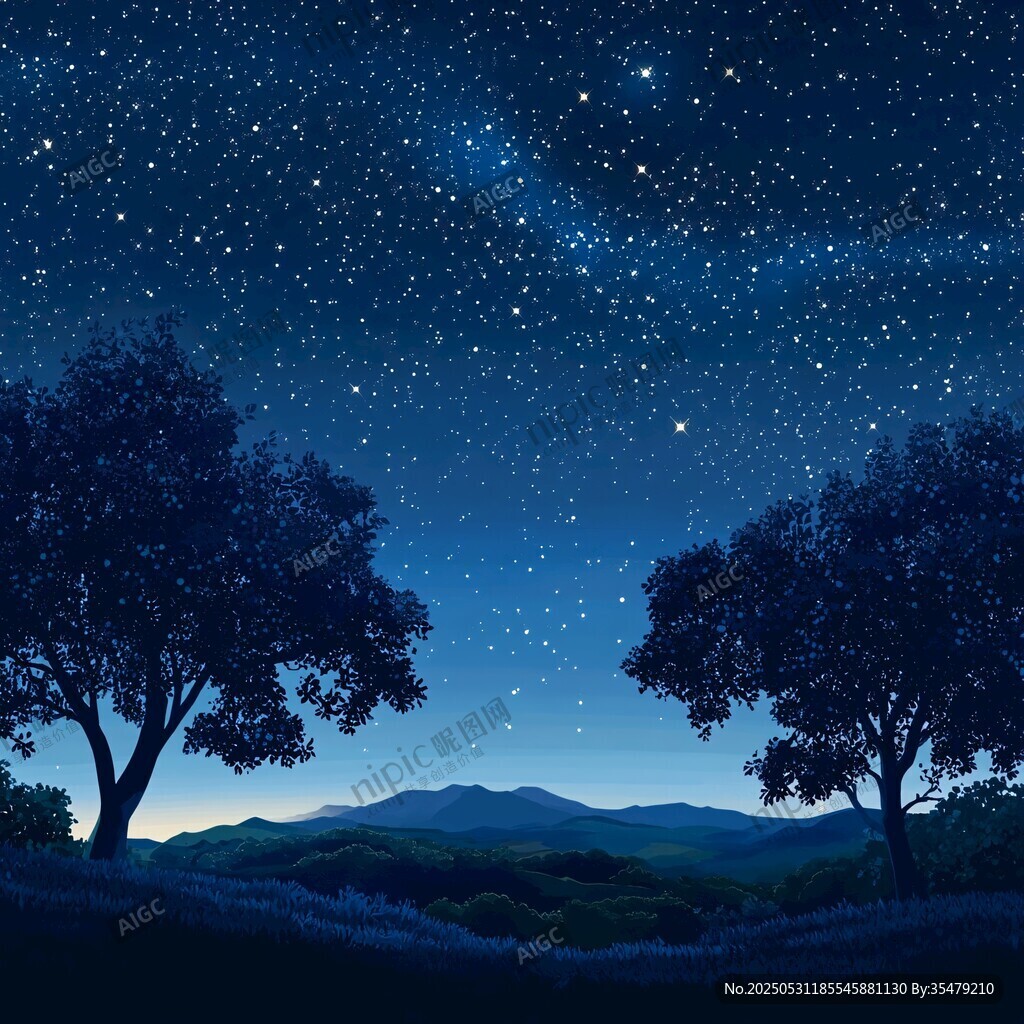 静谧星空下的树木与远山