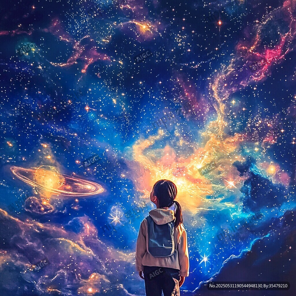 女孩凝望梦幻璀璨星空