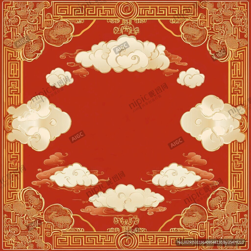 中式红底祥云边框图案