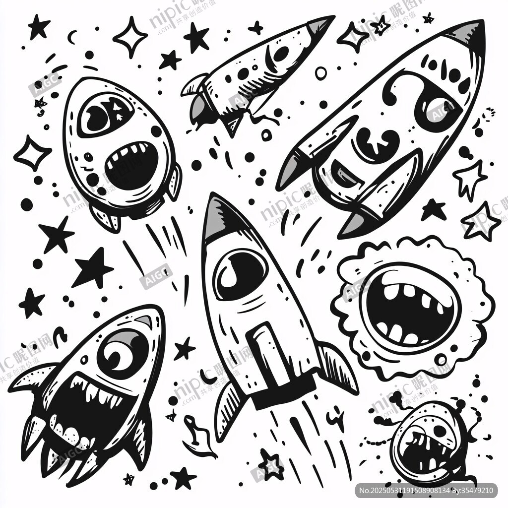 卡通风格的外星火箭与星星