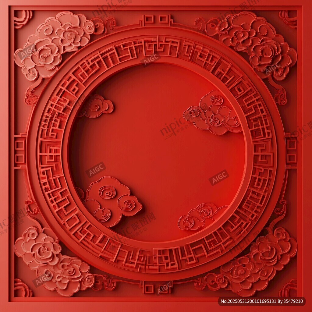 中式红底云纹镂空装饰图案