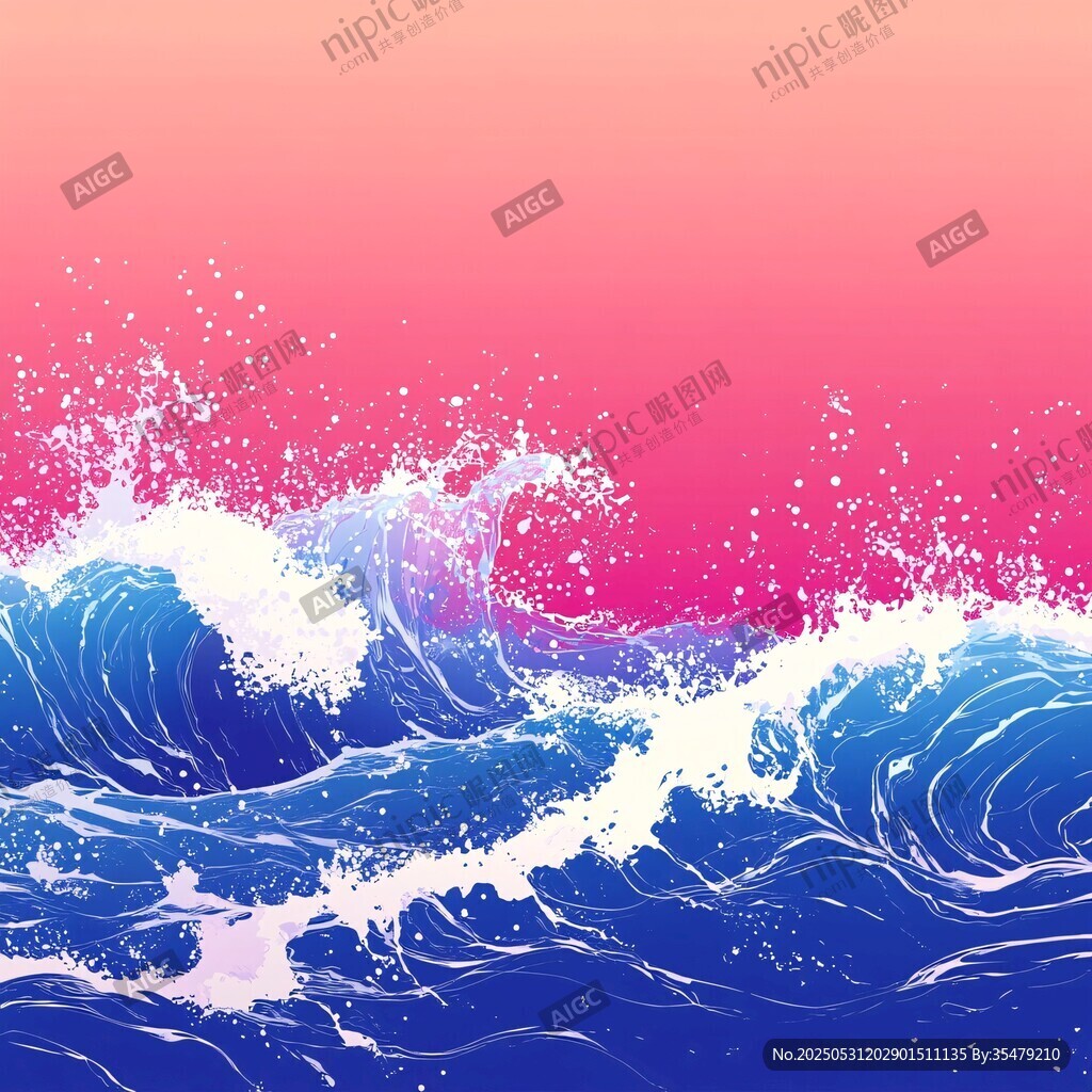 粉色背景下的澎湃蓝色海浪