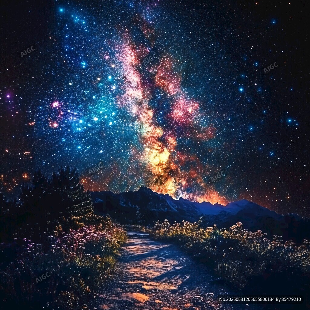 梦幻星空下的山间幽径