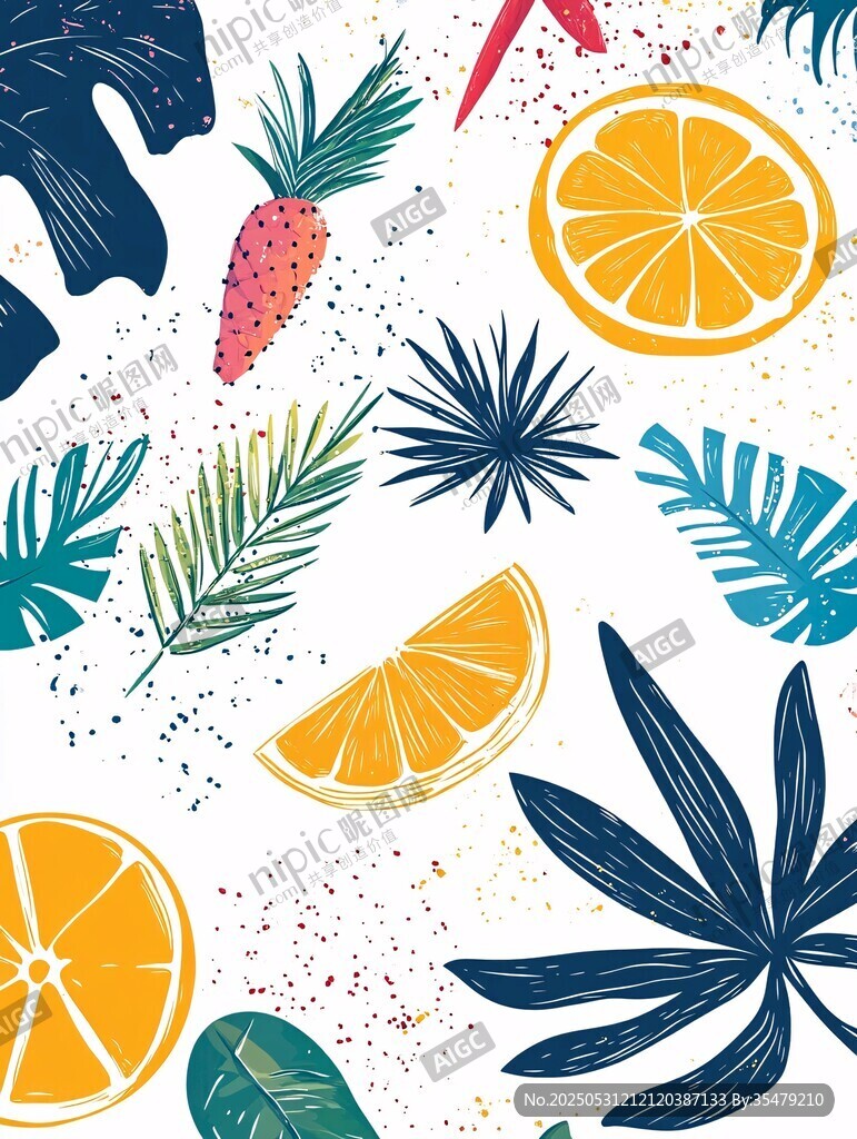 热带水果与植物图案插画