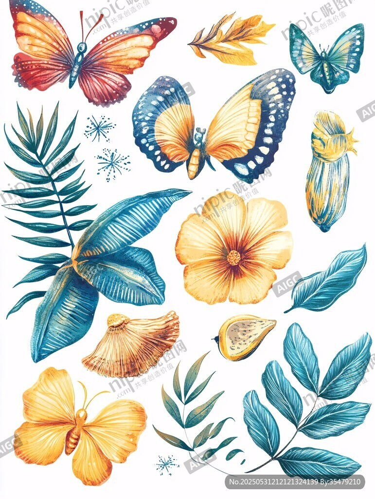 热带花卉蝴蝶插画素材
