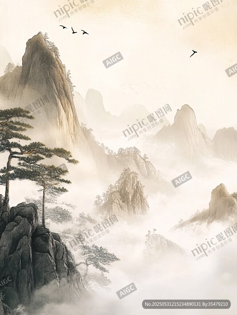 水墨黄山飞鸟云雾图