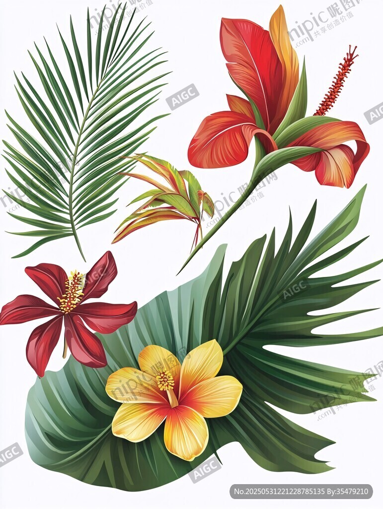 热带花卉与绿叶插画