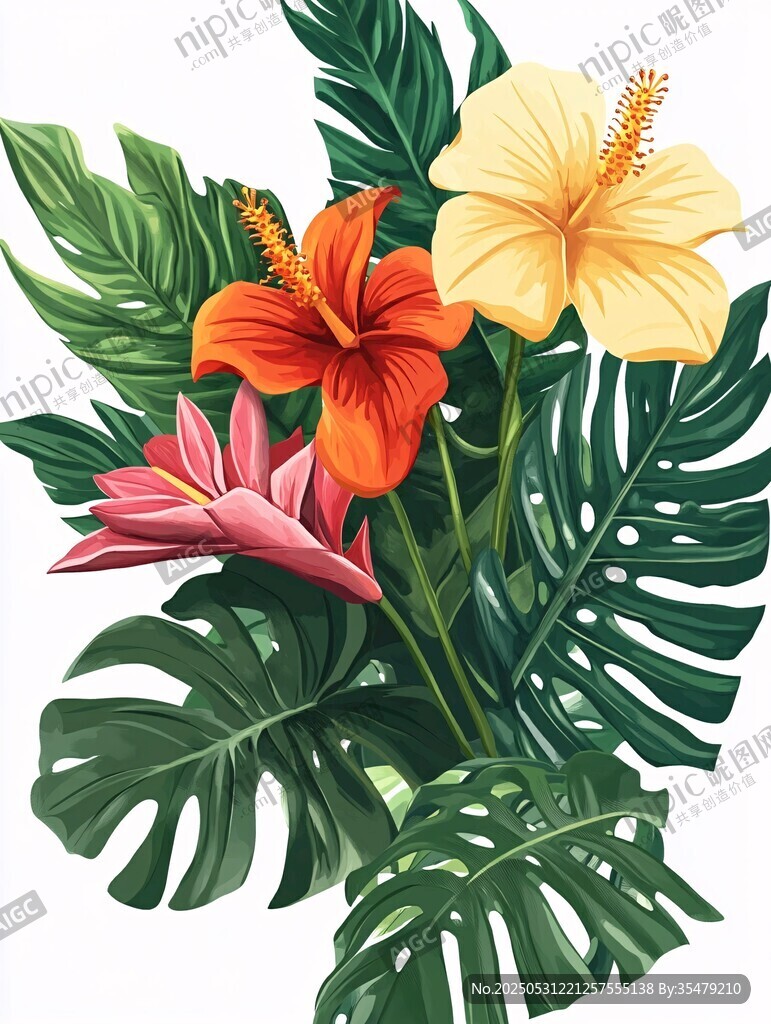 热带花卉与绿植组合插画