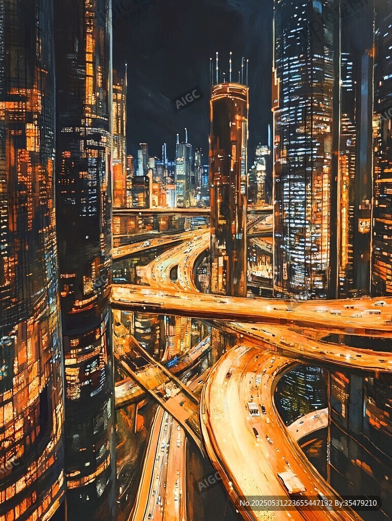 未来都市繁华交通夜景