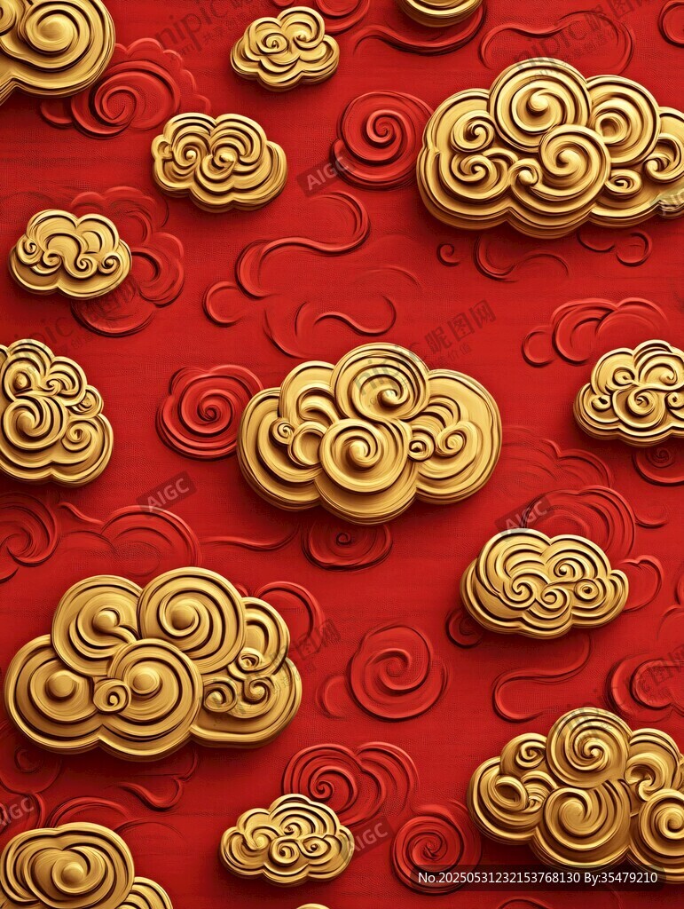 红色背景上的金色祥云图案