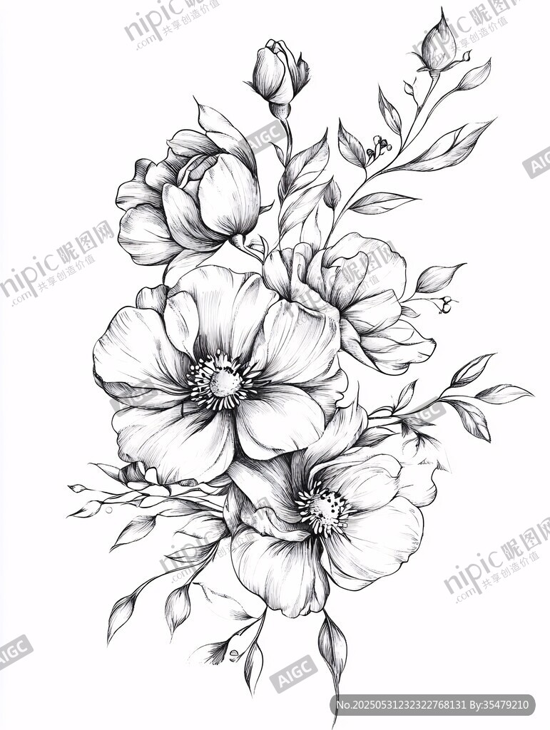 手绘黑白花卉图案设计