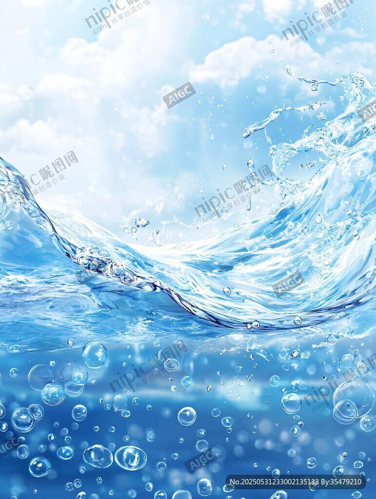 蓝色海浪与水中气泡美景