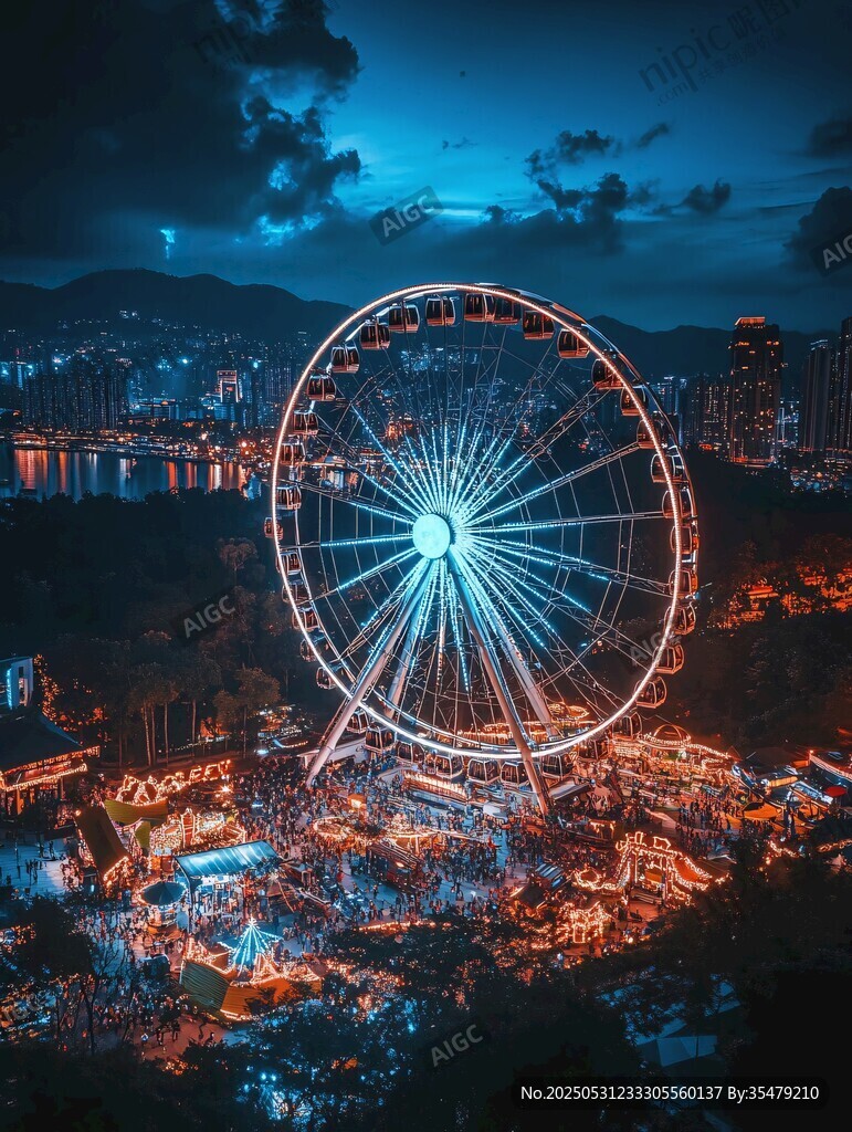 夜幕下璀璨的摩天轮游乐场
