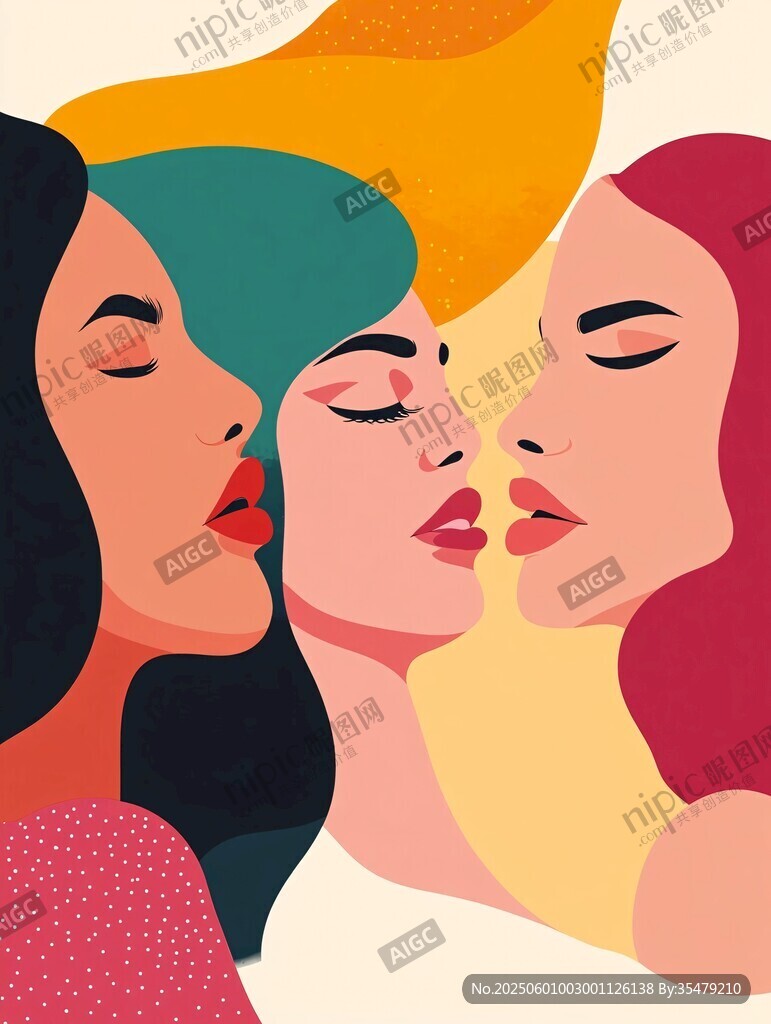 三位闭眼女性的魅力插画