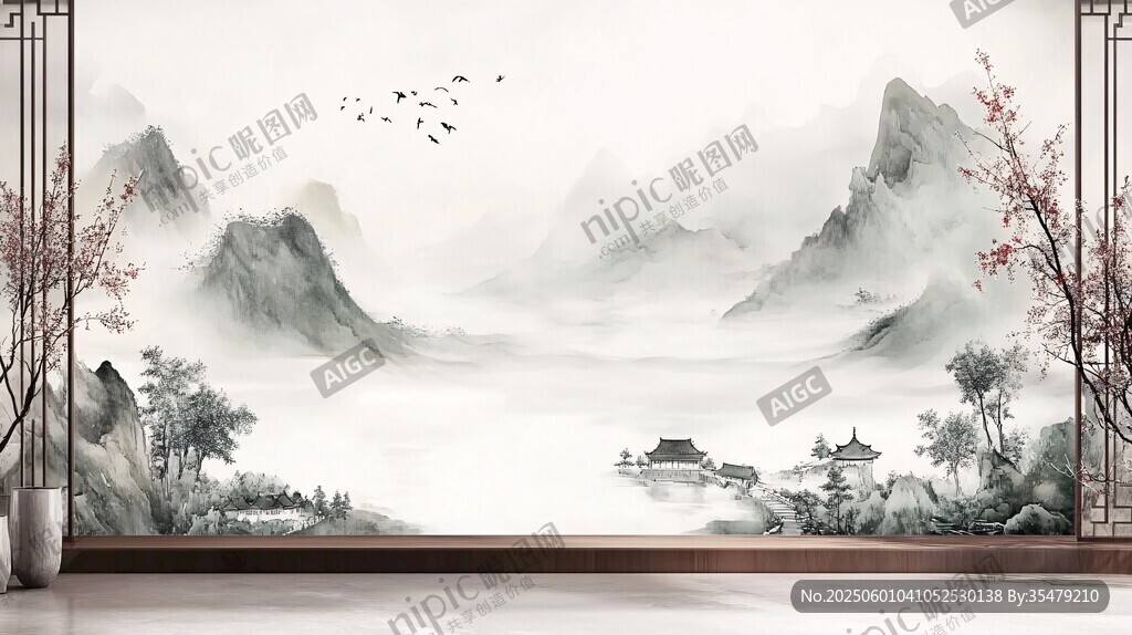 中式山水意境背景墙画面