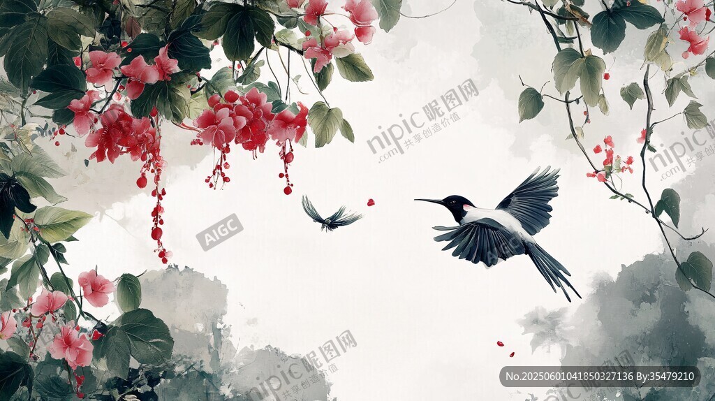 花鸟图中飞鸟繁花相映