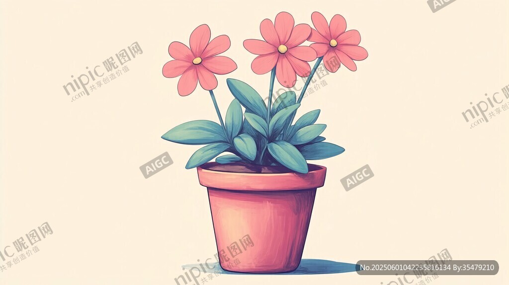 粉色盆栽花卉插画