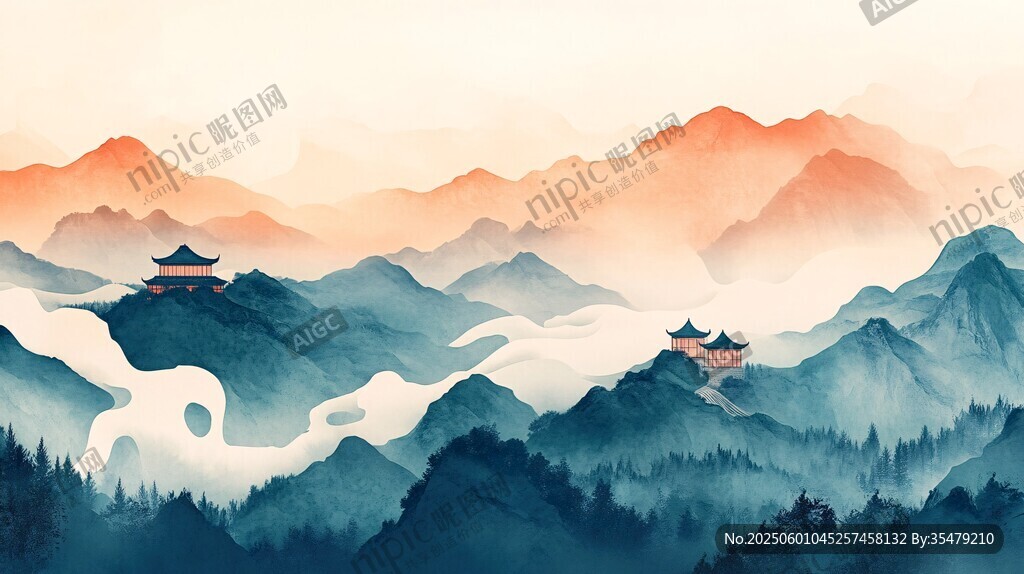 水墨山峦中的古韵楼阁