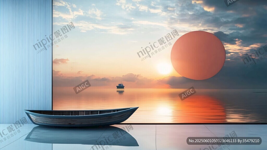 窗前小船伴海上落日美景