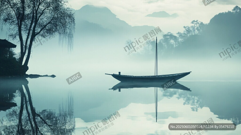 雾中孤舟山水静谧景