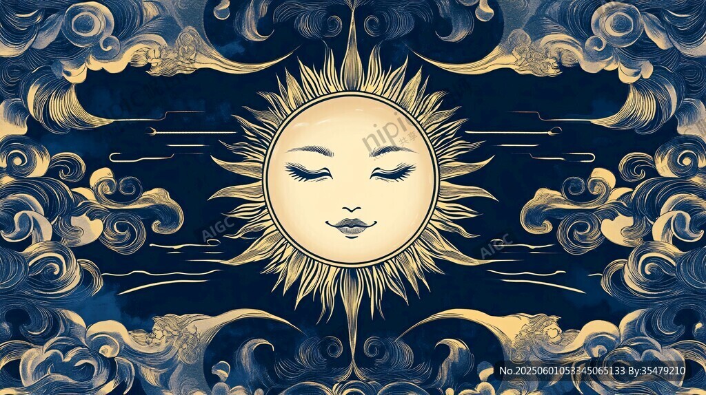 梦幻太阳与云纹神秘插画