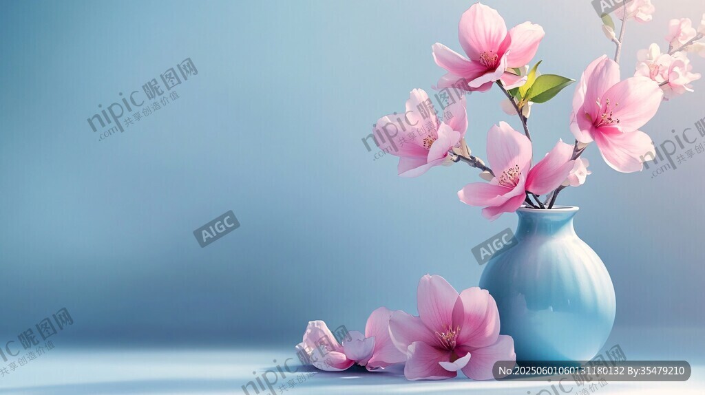 蓝瓶粉花静物优雅景致