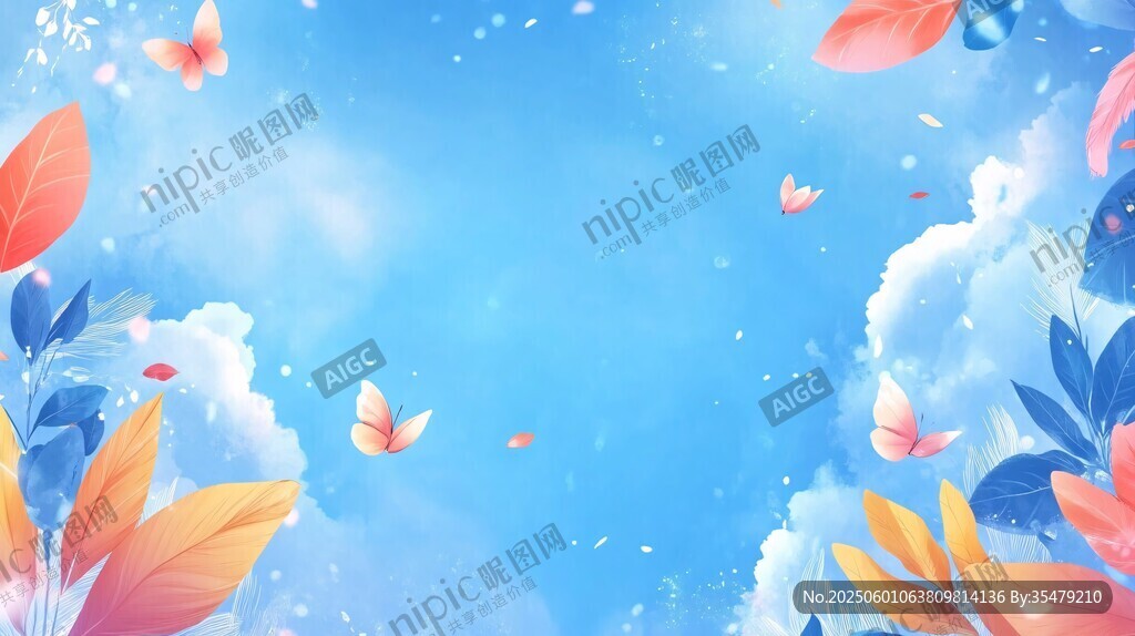 梦幻蓝空下的蝶与叶