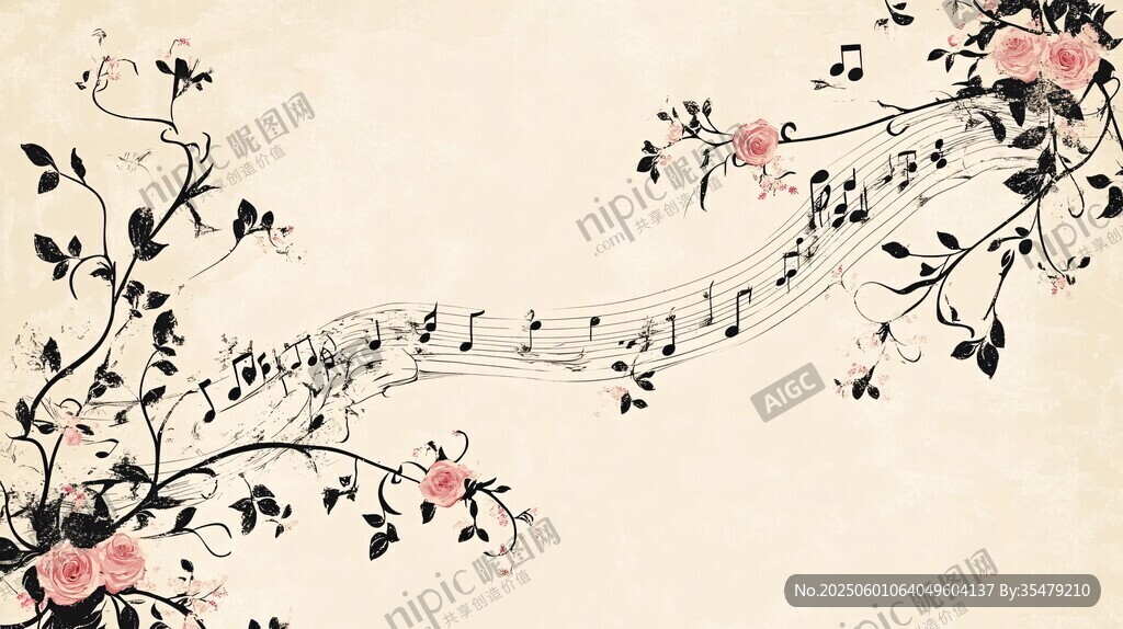 音符缠绕花枝浪漫插画