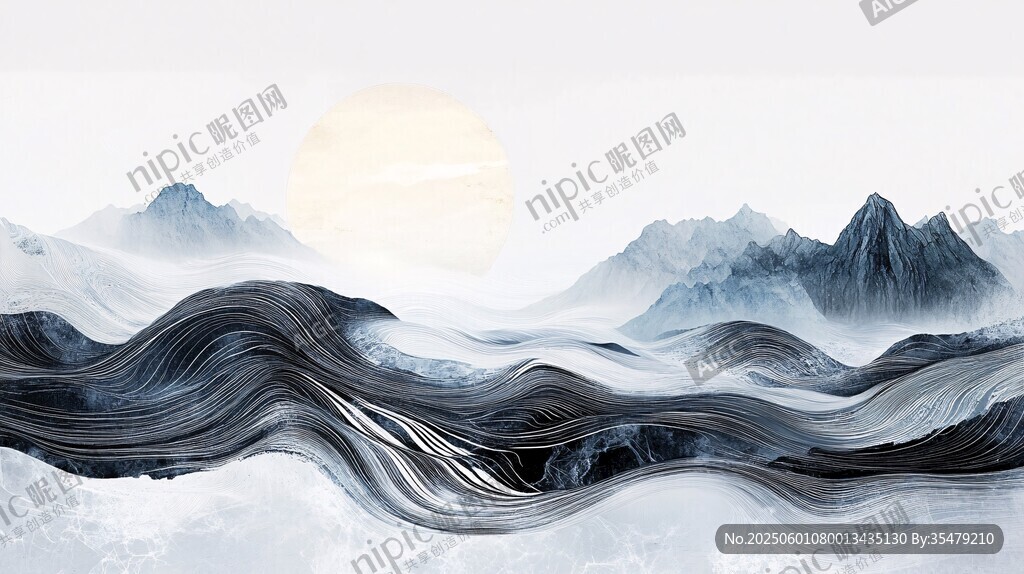 水墨山水间的云海与落日