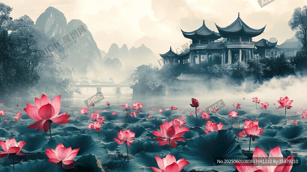 水墨荷花畔的中式古典建筑