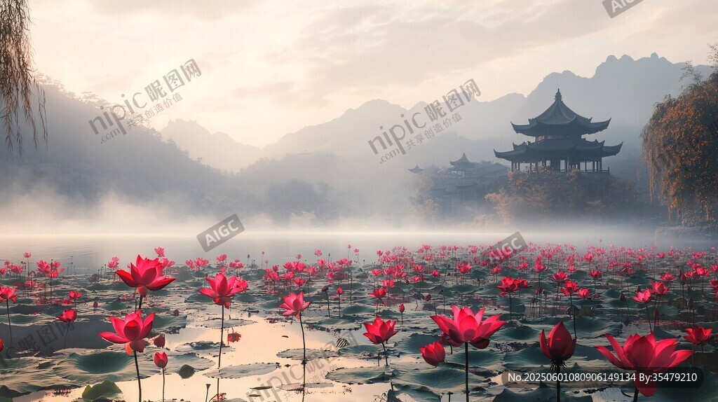 雾中荷景与古典亭阁之美