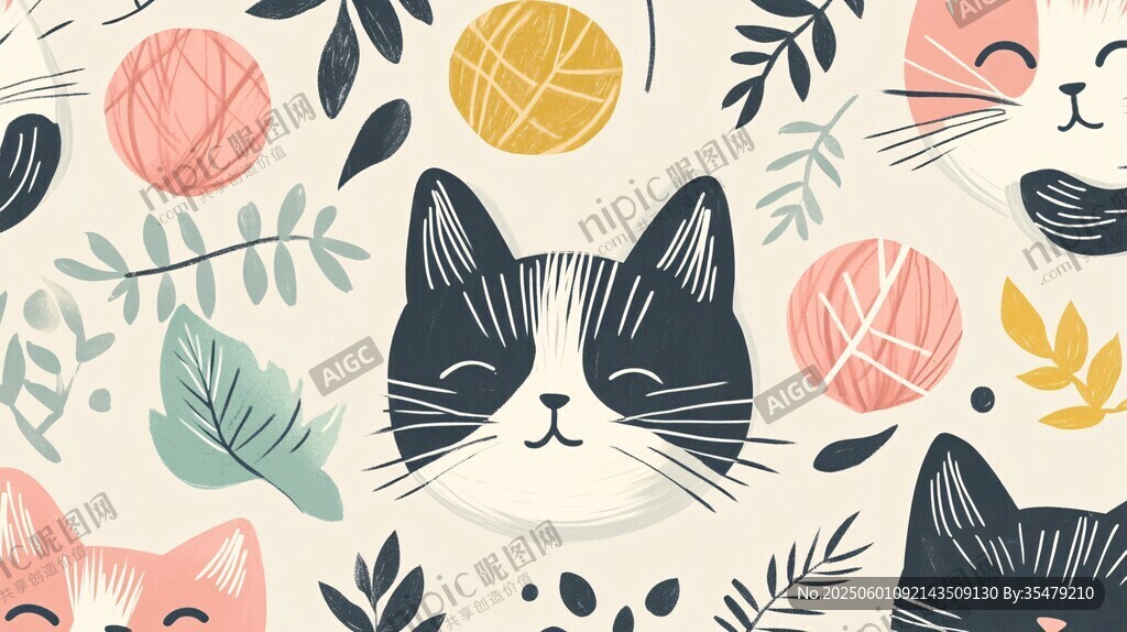 可爱猫咪与毛线叶的图案