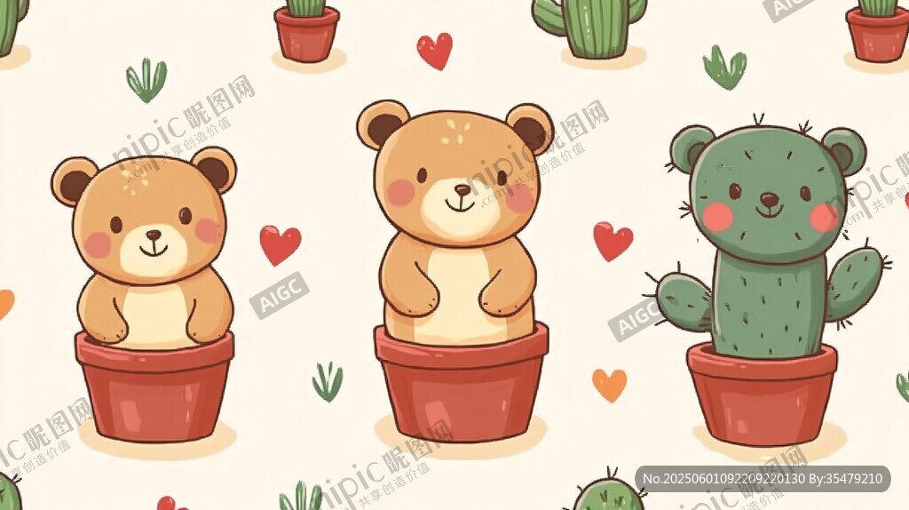 可爱小熊与仙人掌图案