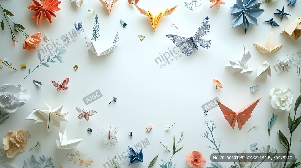 缤纷折纸蝴蝶花卉装饰图