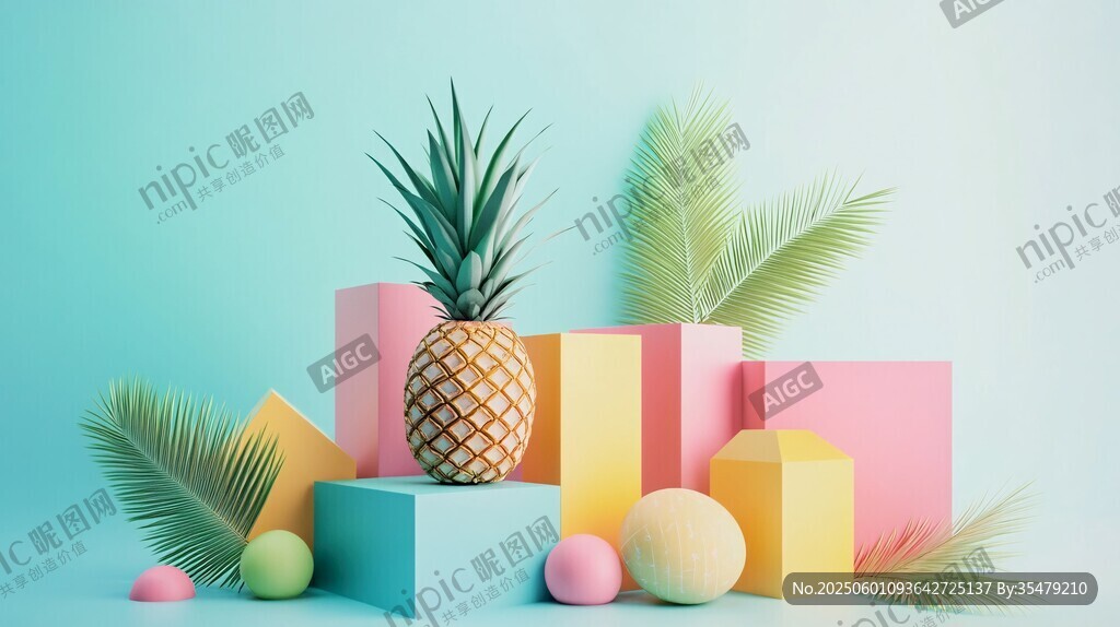 菠萝搭配多彩几何与绿植