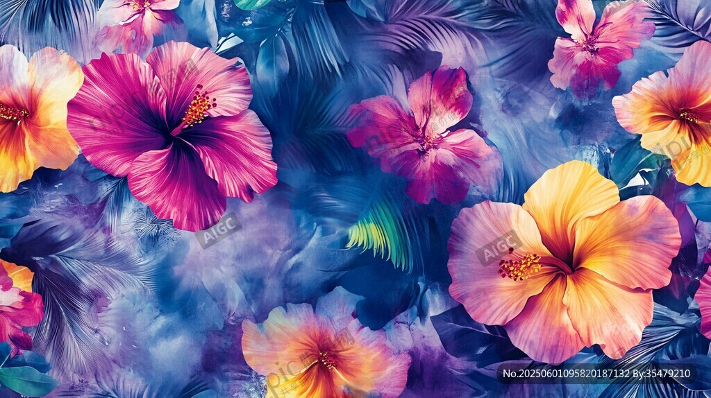 缤纷扶桑花与绿叶梦幻图案