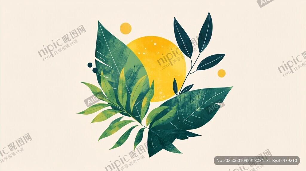 清新绿叶与暖阳插画